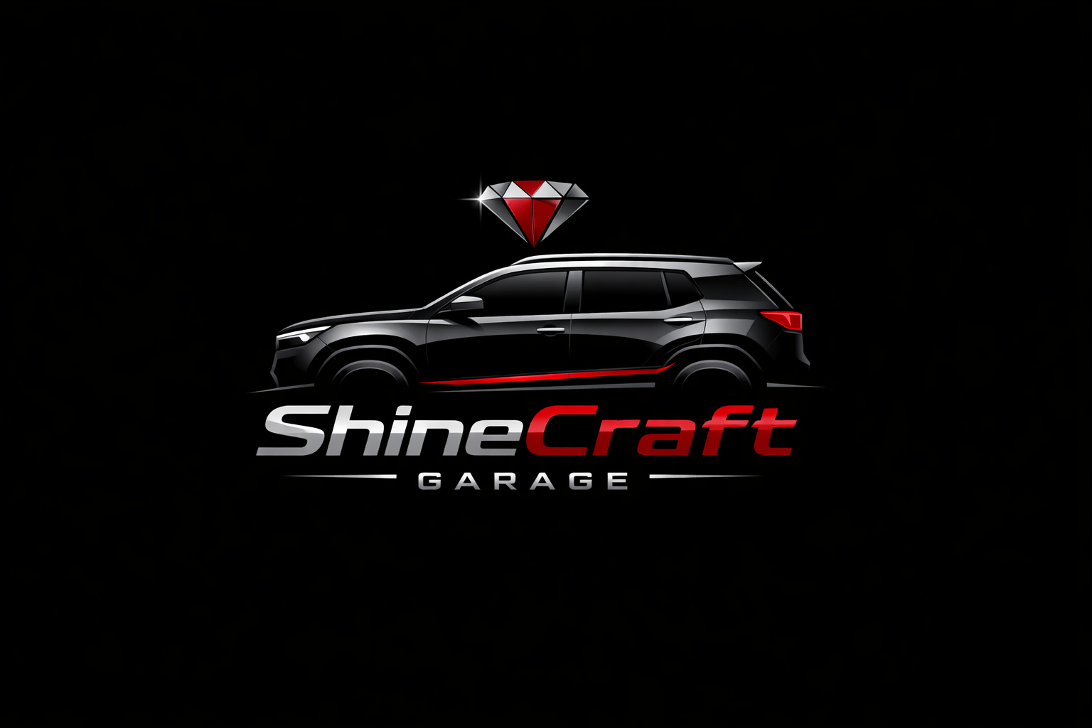 Minimal premium logo for “ShineCraft Garage” on a pure black background, featuring a sleek metallic silhouette of a modern SUV with a red accent line, a crimson diamond symbol above it representing shine and precision, and the brand name “ShineCraft” in bold metallic futuristic lettering with “GARAGE” in smaller capital letters below.