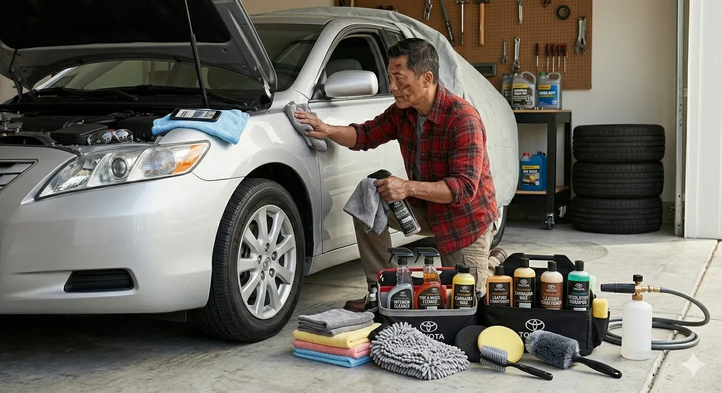 DIY car detailing and cleaning in a home garage using proper products like microfiber cloths, wheel brushes, and specialized car wash shampoo.