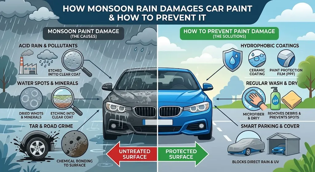causes of monsoon rain damage to car paint and how to prevent it
